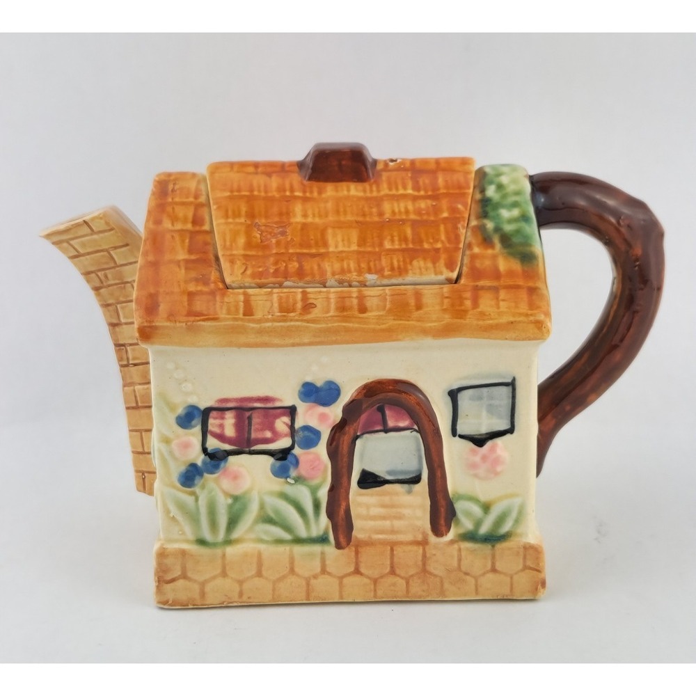 Teapot Thatched‎ Roof Cottage House Hand Painted Vintage Japan